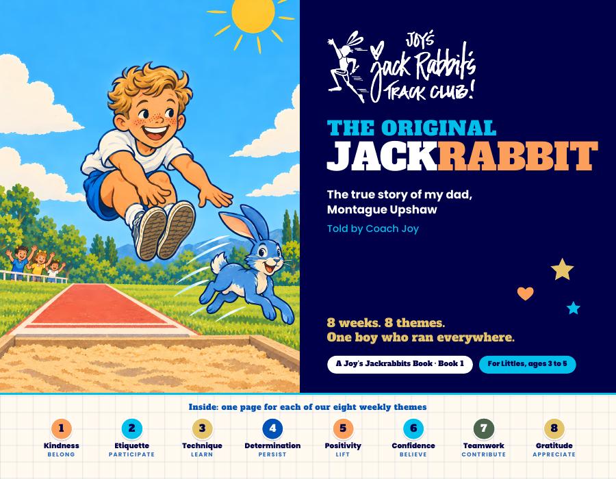 Cover of The Original Jackrabbit, a boy long jumping beside a blue rabbit.