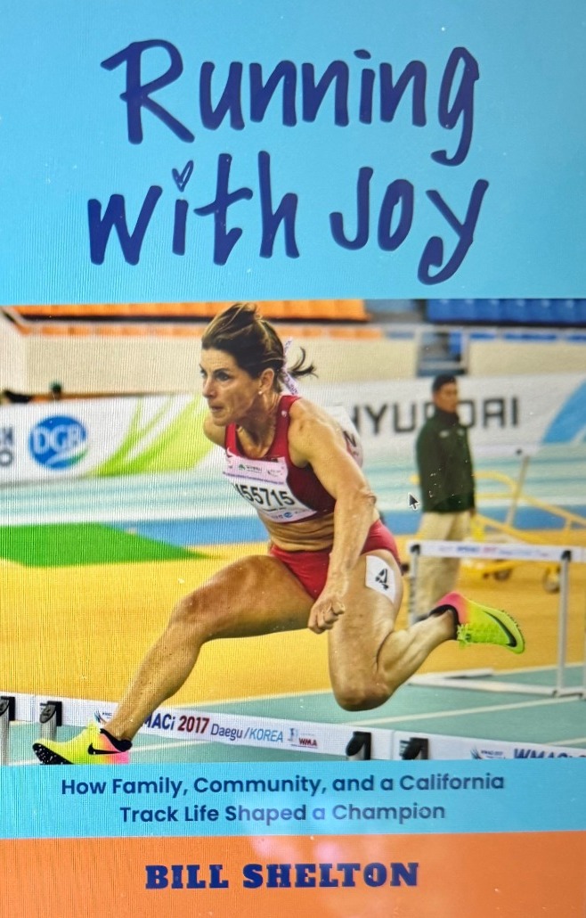Cover of Running with Joy, showing Joy Upshaw clearing a hurdle in a red uniform.